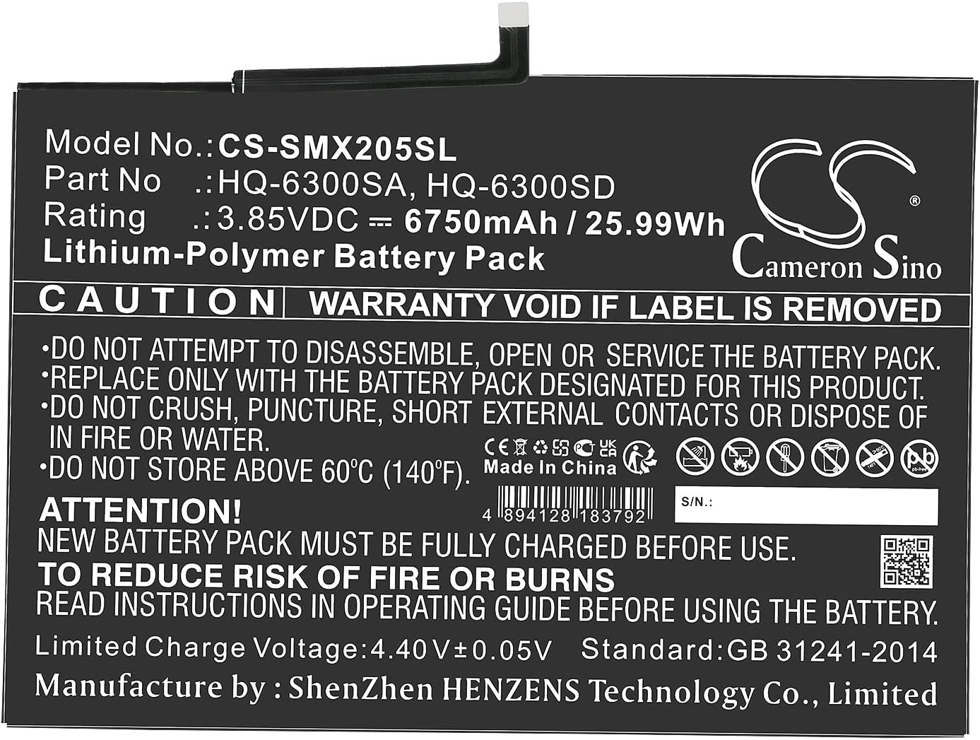 Cameron Sino Battery for Samsung SM-X200, SM-X205, Tab A8 10.5 PN:Samsung HQ-6300SA, HQ-6300SD 6750mAh / 25.99Wh