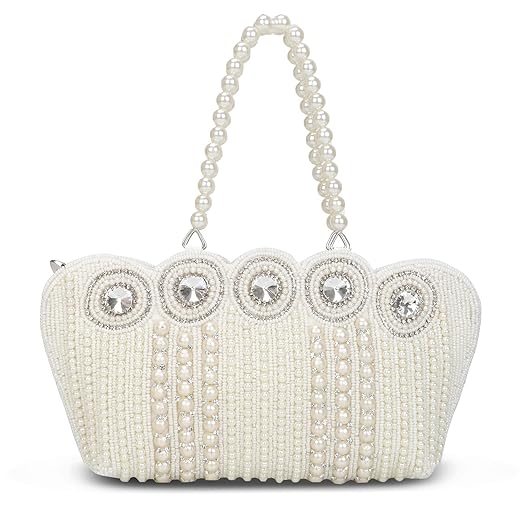 Shanvi Handicraft Women's Small Cutest Vintage Style Pearl Tote Wrist Bag Evening Clutch Purse, White