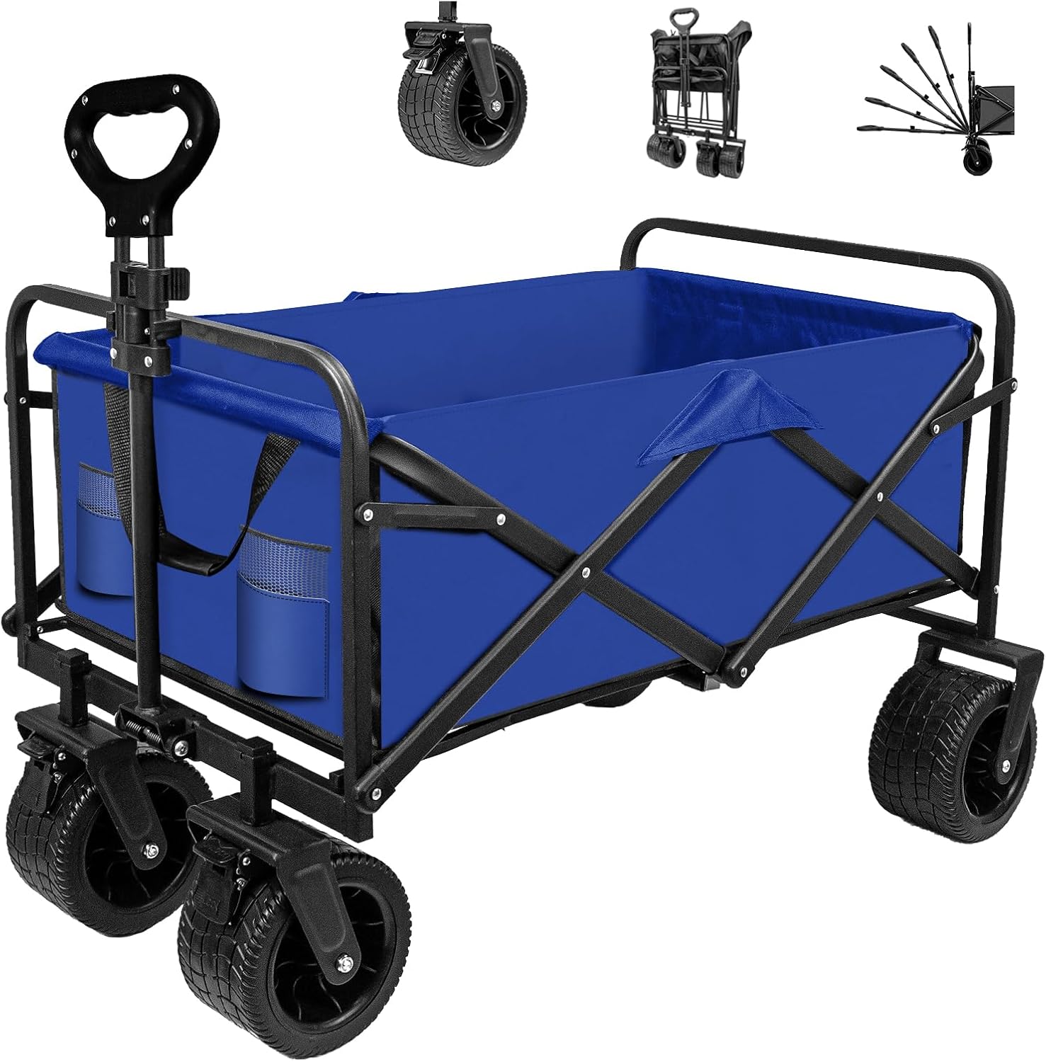 SZHLUX Collapsible Foldable Wagon,Beach Wagon with Big Wheels for Sand,Utility Grocery Wagon with Side Pocket and Brakes for Camping Sports Outdoor Activities