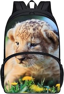 Parprinty Kids Funny Animal Animal Lion Backpack for Boys Girls Comfy Padded Lightweight Sturdy Student School Backpack with Front Pocket Double Zipper 17 Inch Kids Basic Black Daypack Bookbag