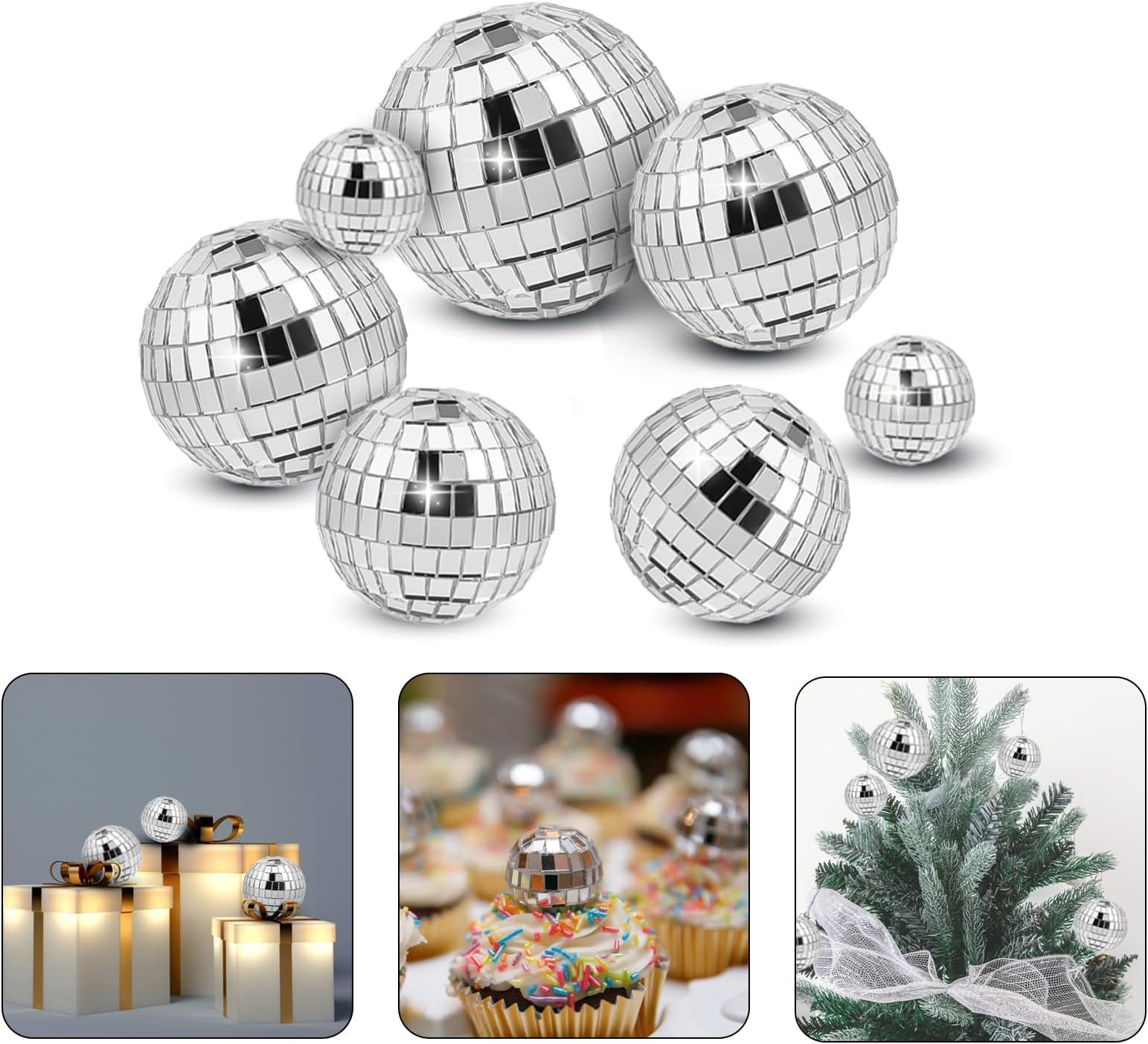 Abeillo 7PCS Disco Ball Cake Topper, Disco Ball Cake Decorations Different Sizes, 70s Disco Themed Dance Party Supplies, Small Disco Balls for Cake Dessert Accessories Disco Party Ornament (Silver)