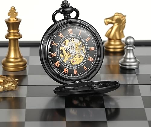 Miniatura 2 de TREEWETO Reloj de bolsillo mecánico de esqueleto para hombre caja negra con cadena  caja de regalo para hombre y niño Negro Mecánico