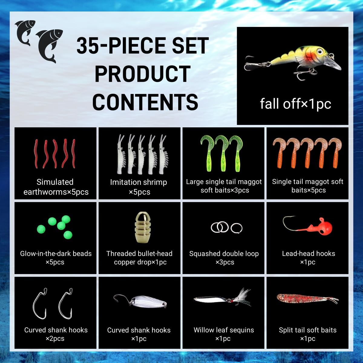40 señuelos de pesca que incluyen crankbaits, spinnerbaits, gusanos de plástico, jigs, señuelos de superficie, caja de aparejos y más kit de señuelos de pesca, 40 piezas — view 3