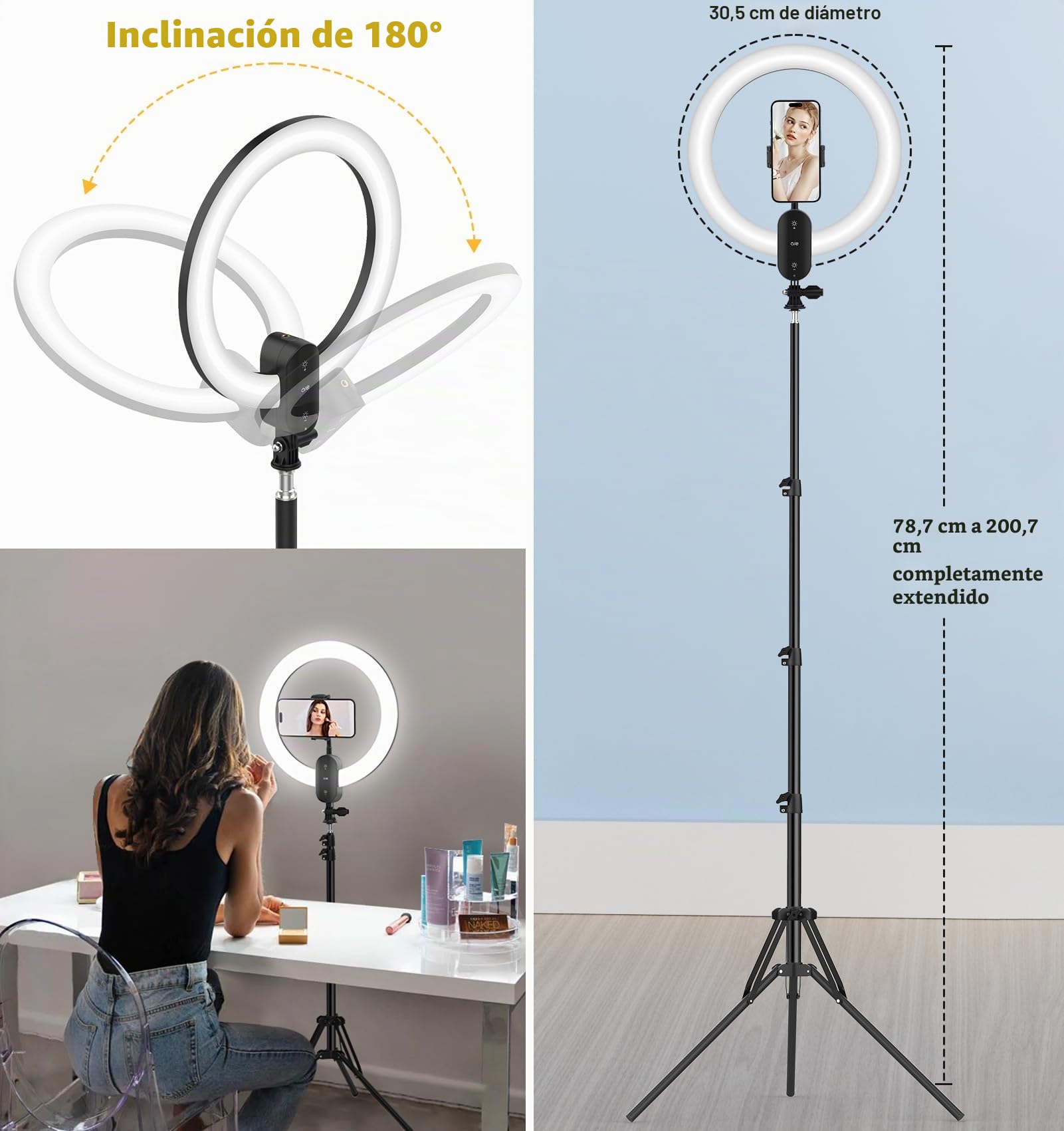 12'' Aro de Luz con Trípode 160cm, Anillo de Luz Profesional Selfie Ring Light 2800mAh Recargable BateríA, Tripode para Movil con Aro de Luz para Tiktok/Youtube/Maquillaje/Streaming/Fotografía
