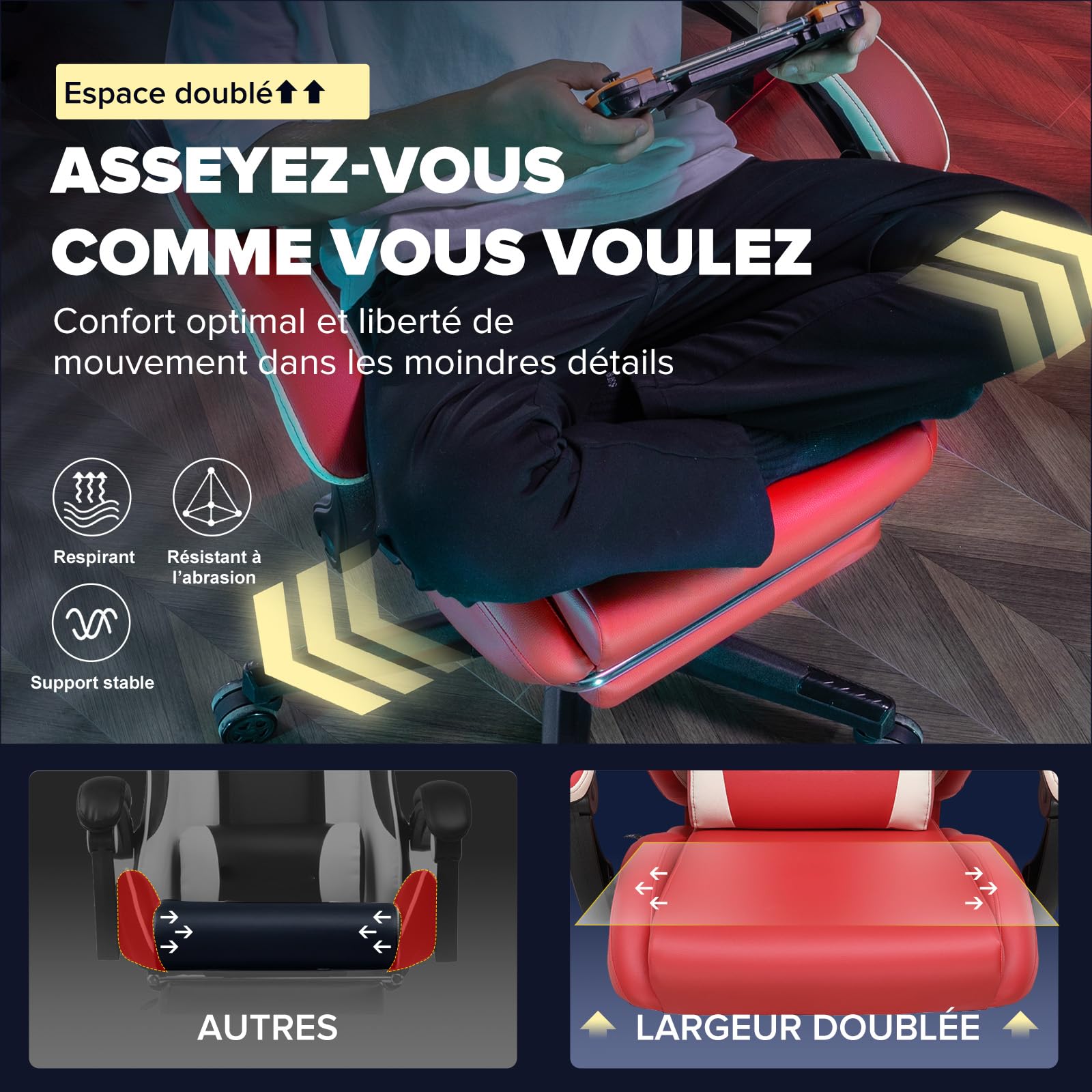 GTPLAYER Chaise Gaming Ergonomique, Fauteuil de Bureau avec Dossier Réglable et Élargi, Appuie-tête et Soutien Lombaire, Hauteur Réglable, Charge 150 kg, en Tissu Technique, Rouge