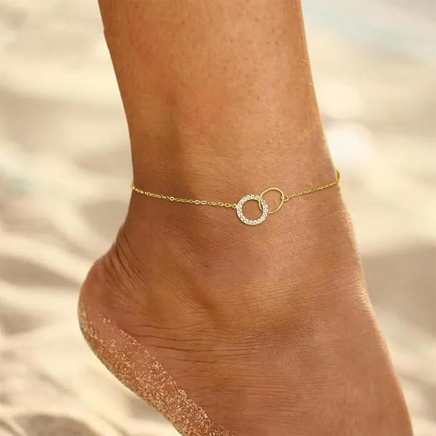Dainty Interlocking Circles Anklets Bracelet for Women 925 Sterling Silver 14K Gold Plated Double Hoop CZ Pendant Lobster Buckle to Daughter Friendship Beach Ankle Chain Wedding Graduation Jewelry Gifts
