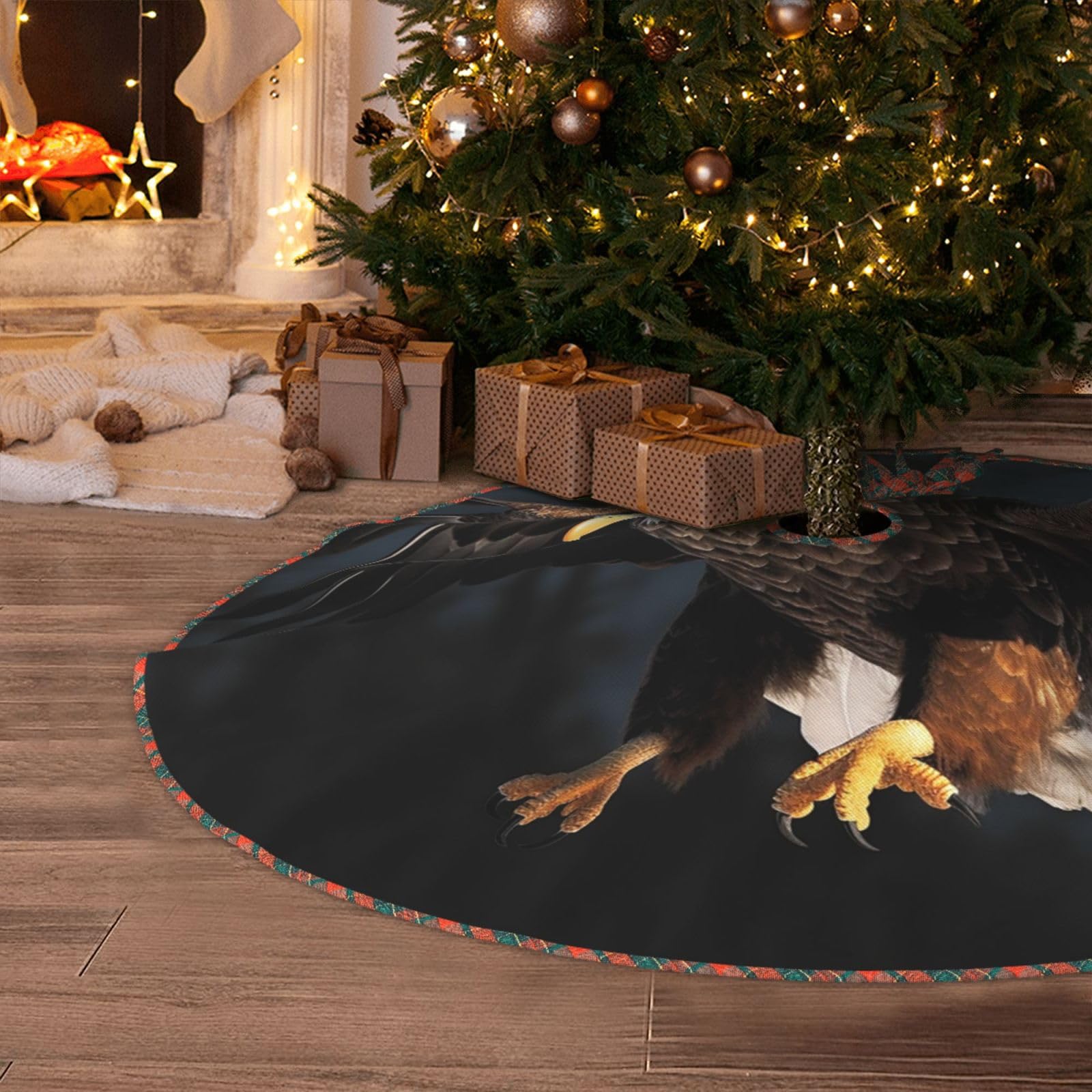 Bald Eagle Christmas Tree Skirt 48" Artificial Tree Mat Cover Merry Christmas Burlap Xmas Tree Skirt for Christmas Decoration Holiday Indoor Outdoor Winter Party Decor