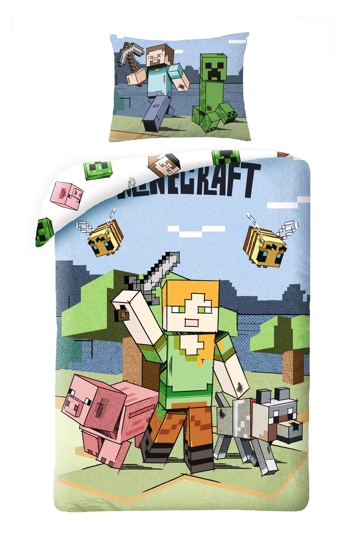 Halantex Multicolored Minecraft Reversible Children's Bedding Set – Duvet Cover 140 X 200 Cm – 100% Ultra-Soft Polyester – Oeko-Tex Standard 100 Certification – Steve, Alex, Creeper And Animals Design