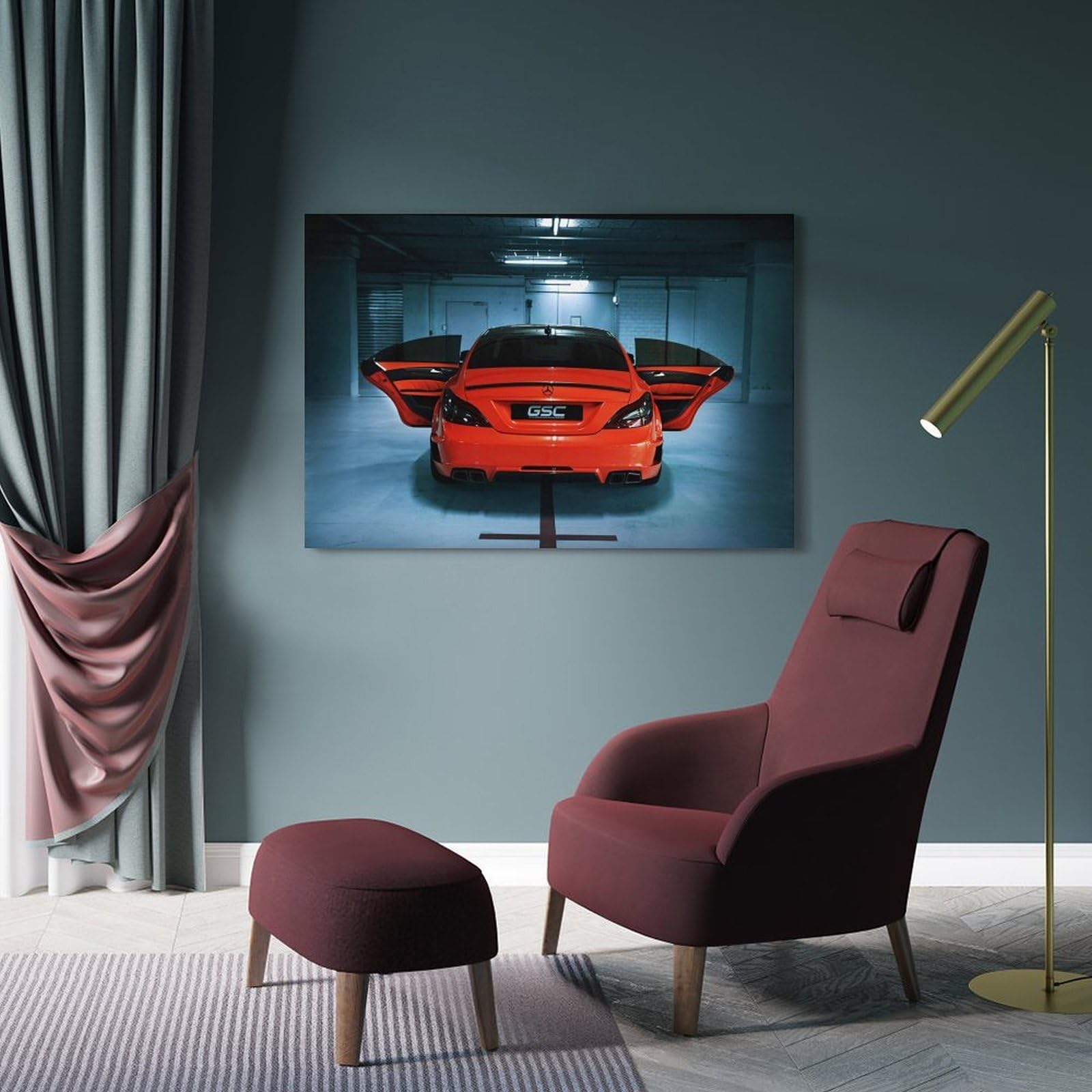 Sportwagen-Poster, CLS 63, industrielle Garage, dynamische Beleuchtung, dekorative Leinwand, Familie, Schlafzimmer, Kunstwerk, Bild, Gemälde, 60 x 90 cm