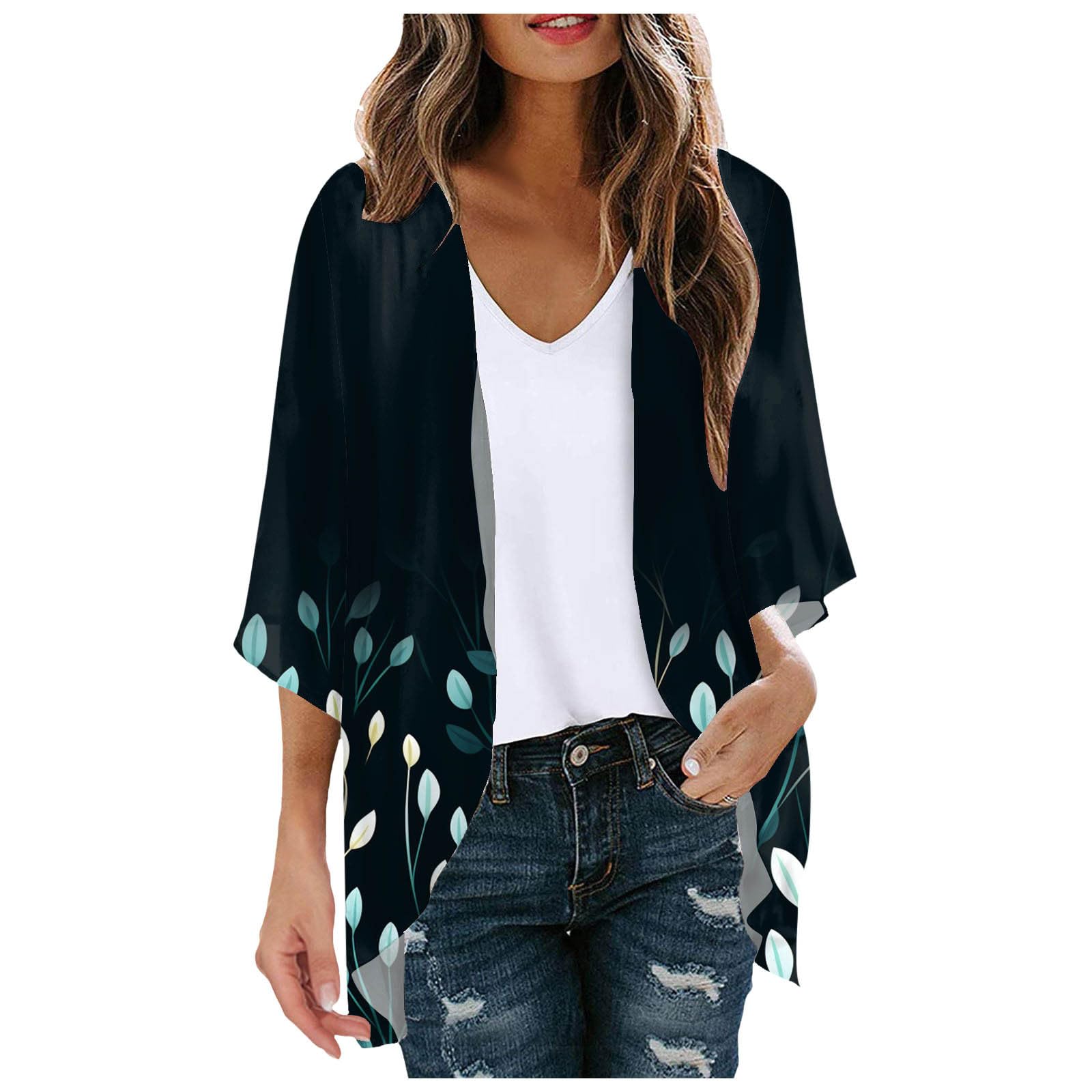 PAIDAXING Cárdigan de gasa para mujer, manga 3/4, para verano, playa, frente abierto, cárdigan tipo kimono ligero y transparente, blusa casual de playa