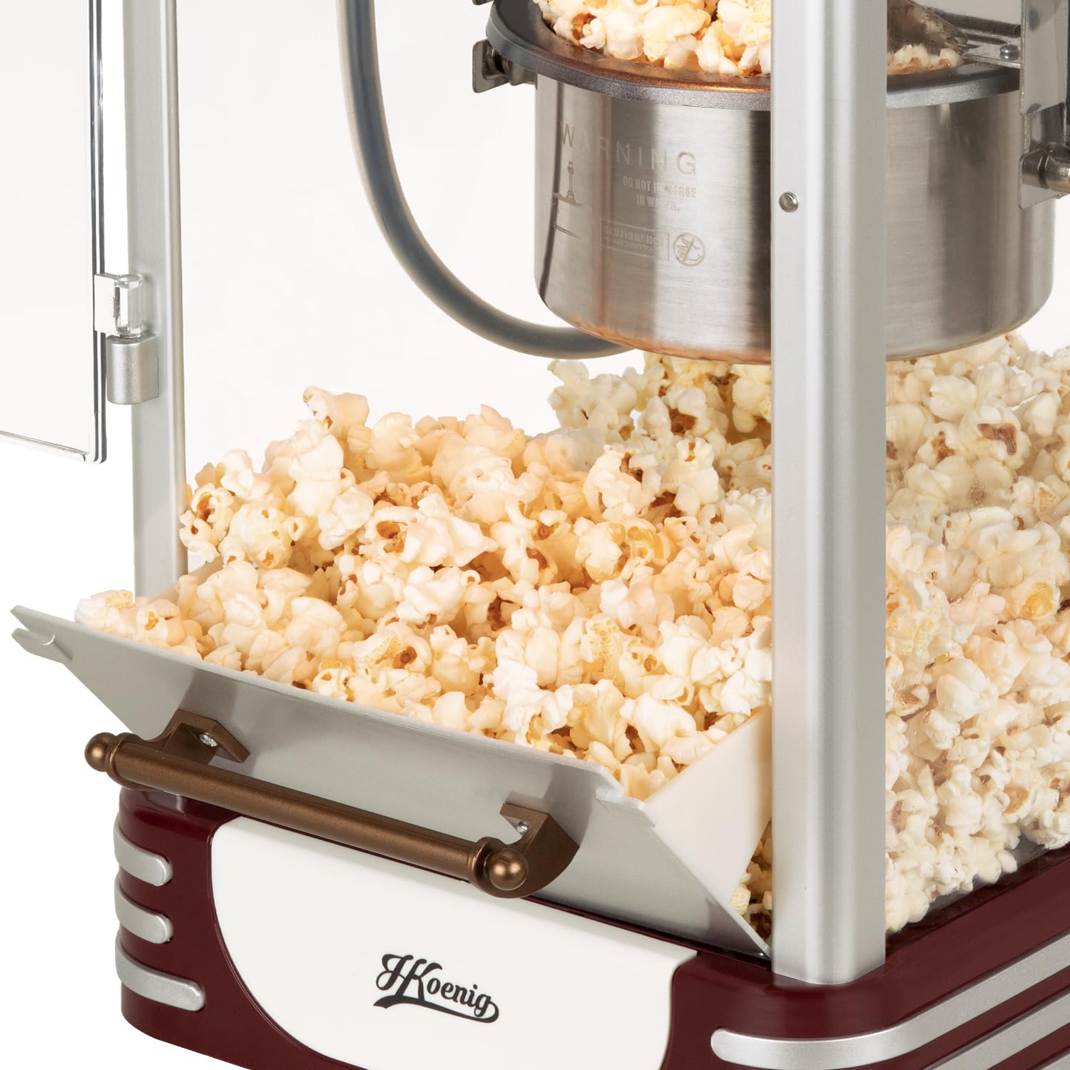 H.Koenig Maszyna do popcornu POP330, łatwy i szybki domowy popcorn, retro design, garnek ze stali nierdzewnej i aluminium, pojemność 50 g, magnetyczne drzwi, 360 W