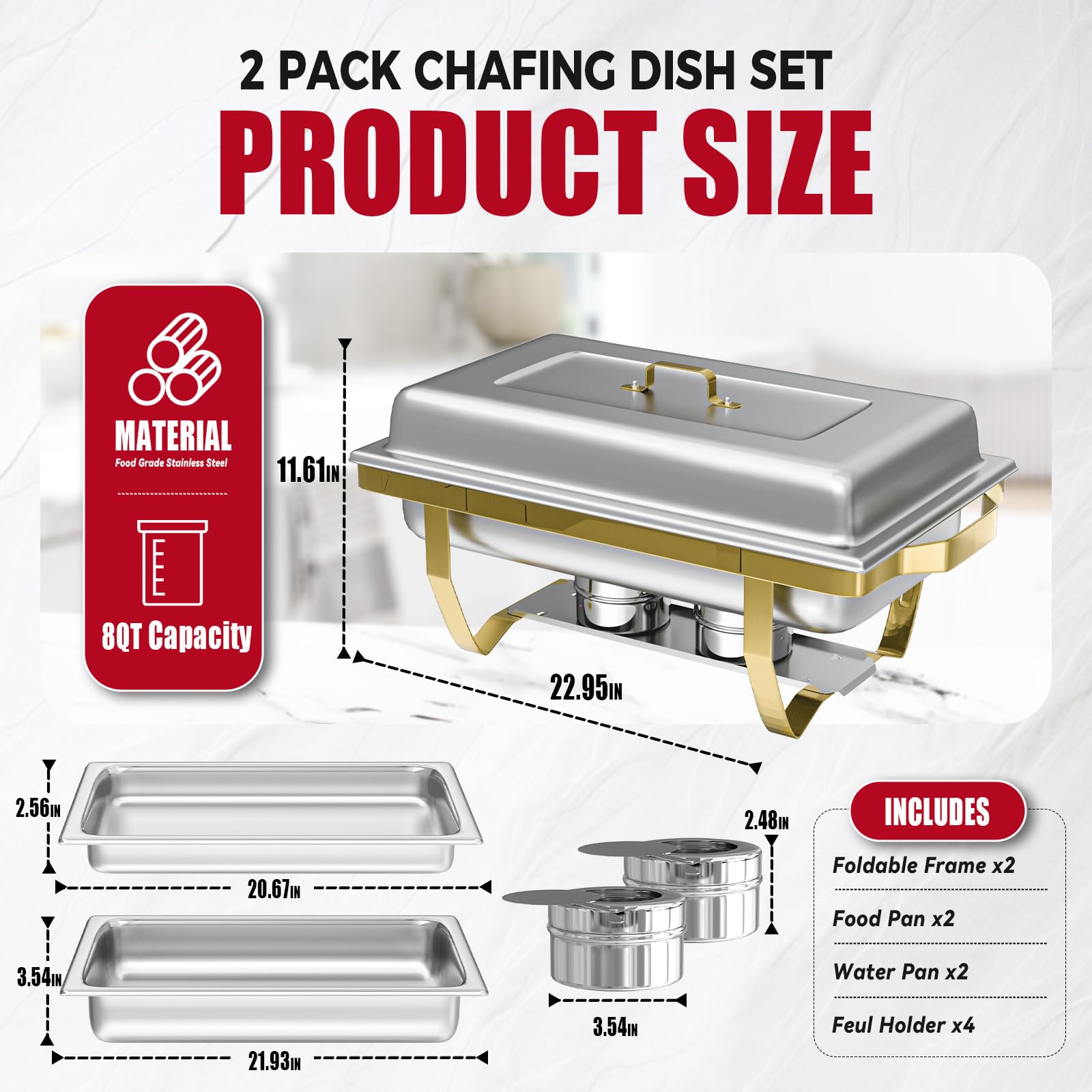 IMACONE Juego de 2 platos para buffet, de acero inoxidable de 8 cuartos de galón, rectangulares y calentadores de buffet para catering, con bandeja para alimentos y agua, tapa, marco plegable dorado,