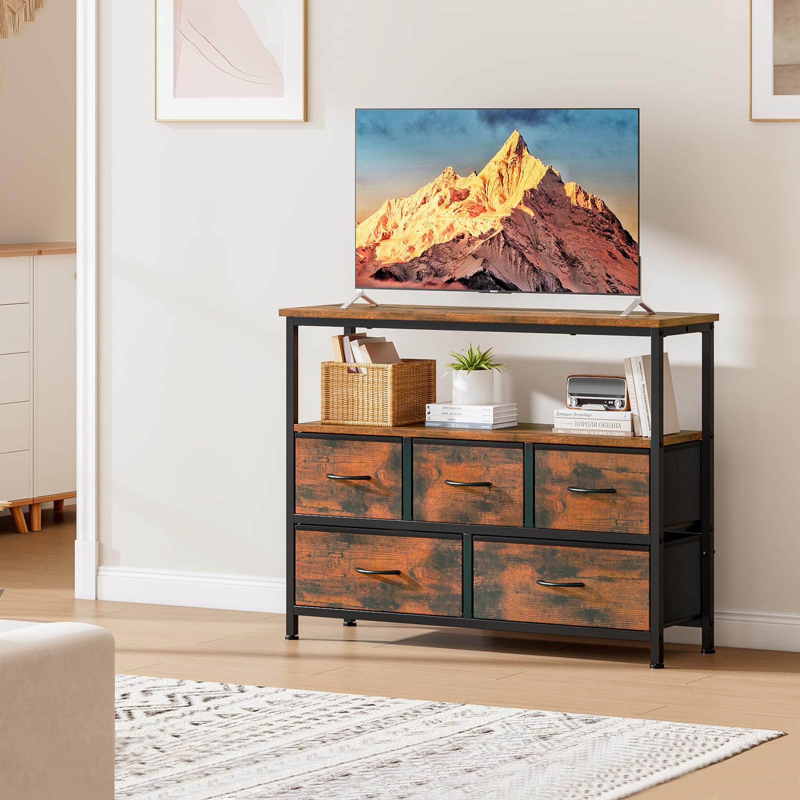 Mueble TV Alto con 5 Cajones, Soporte TV 45",Marrón | Mueble Televisión Compacto para Salón, Dormitorio o Espacios Pequeños con Estantes Abiertos y Almacenamiento