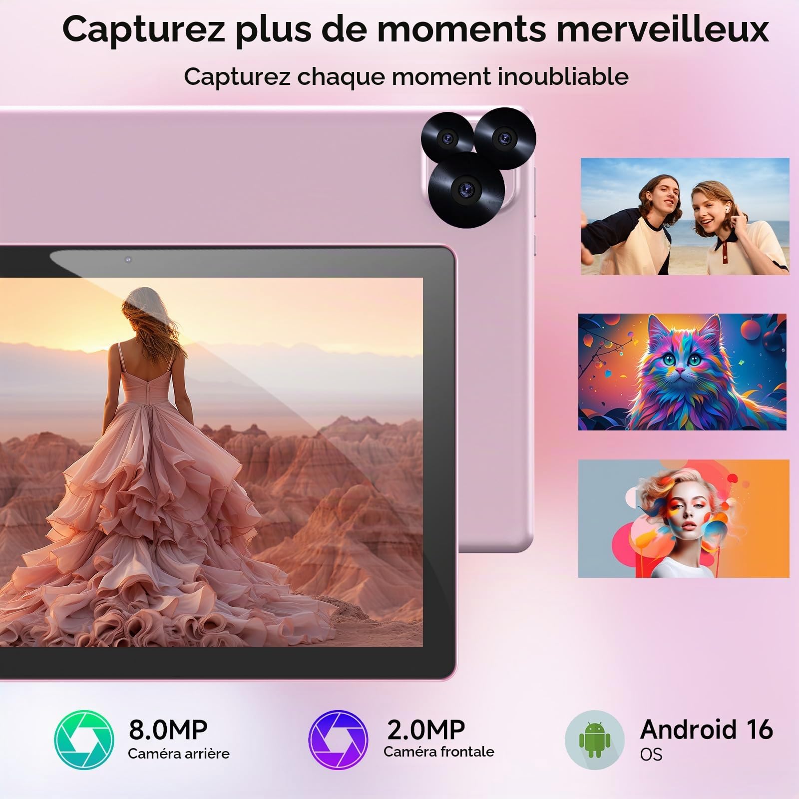 Tablette Android 15 10" 12 Go de RAM + 64 Go de ROM/ 2 To, écran tactile HD 1280 * 800, 5G WiFi6 BT 5.0, tablettes 2 en 1 avec étui clavier, souris, stylet rose