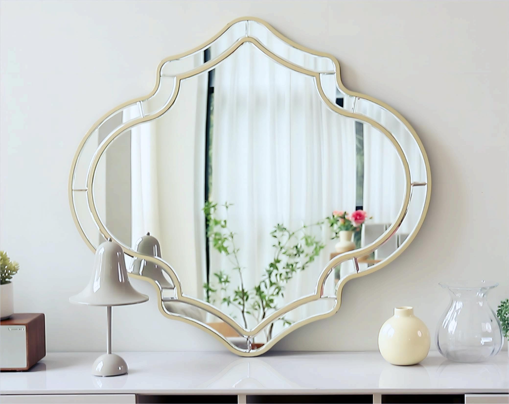 Artloge Scallop Wall Mirror Silver Beveled Edge Modern Art Gold Frame 32x34.6 inch