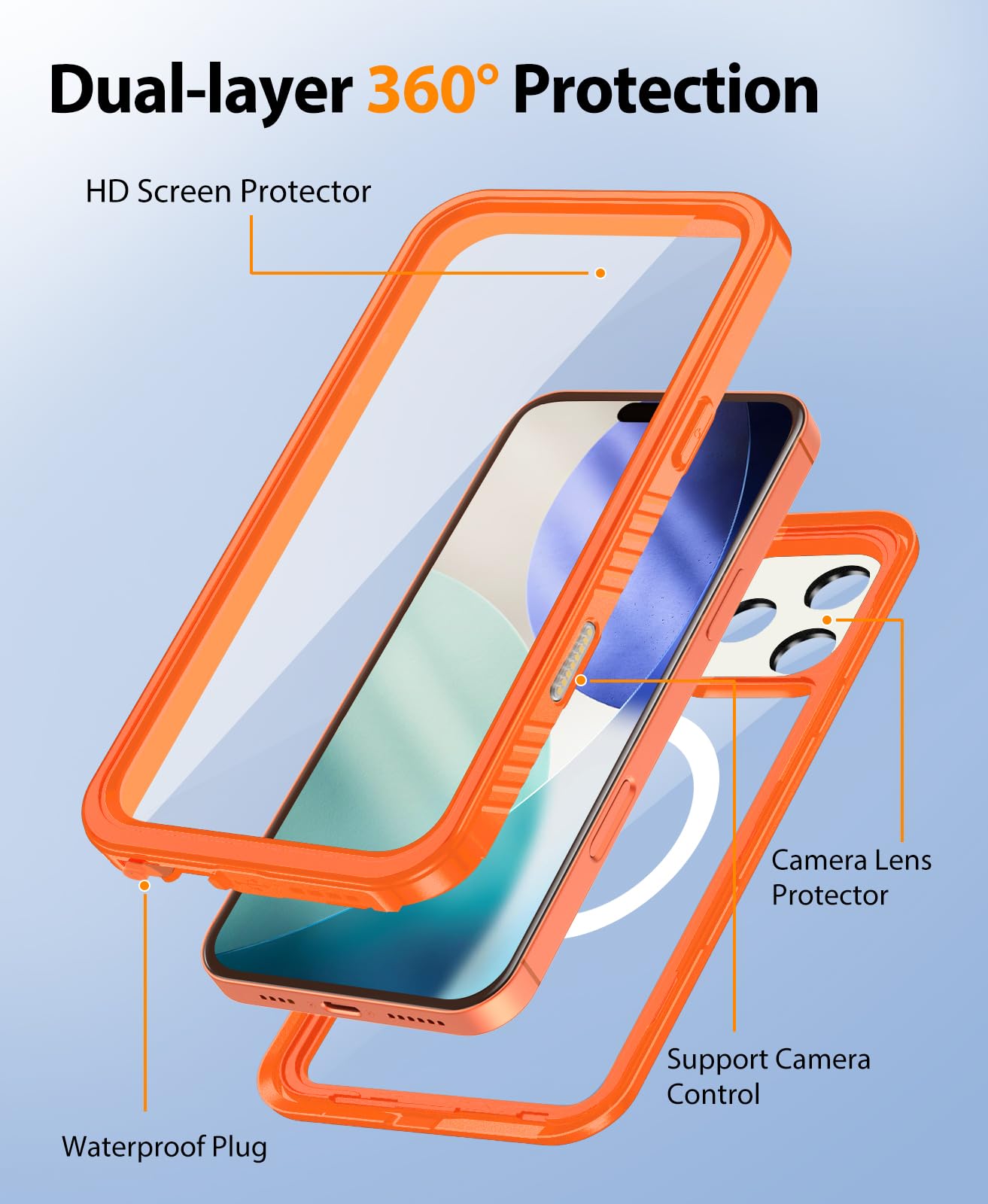 Beeasy Cover per iPhone 17 Pro Impermeabile IP68 con MagSafe, 360 Militare Antiurto Indistruttibile Resistente Doppia Protezione Custodia, Antipolvere Subacquea Waterproof Case, 6.3", Arancione