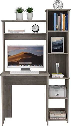 Miniatura 32 de Tuhome Versailles - Escritorio con estantería integrada, 2 estantes superiores de exhibición y almacenamiento lateral de 5 niveles, mesa de Roble