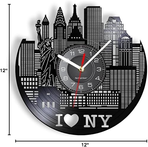 Miniatura 10 de Reloj de pared de disco de vinilo de Nueva York de 12 pulgadas, funciona con pilas, moderno, silencioso, sin tictac, reloj decorativo para