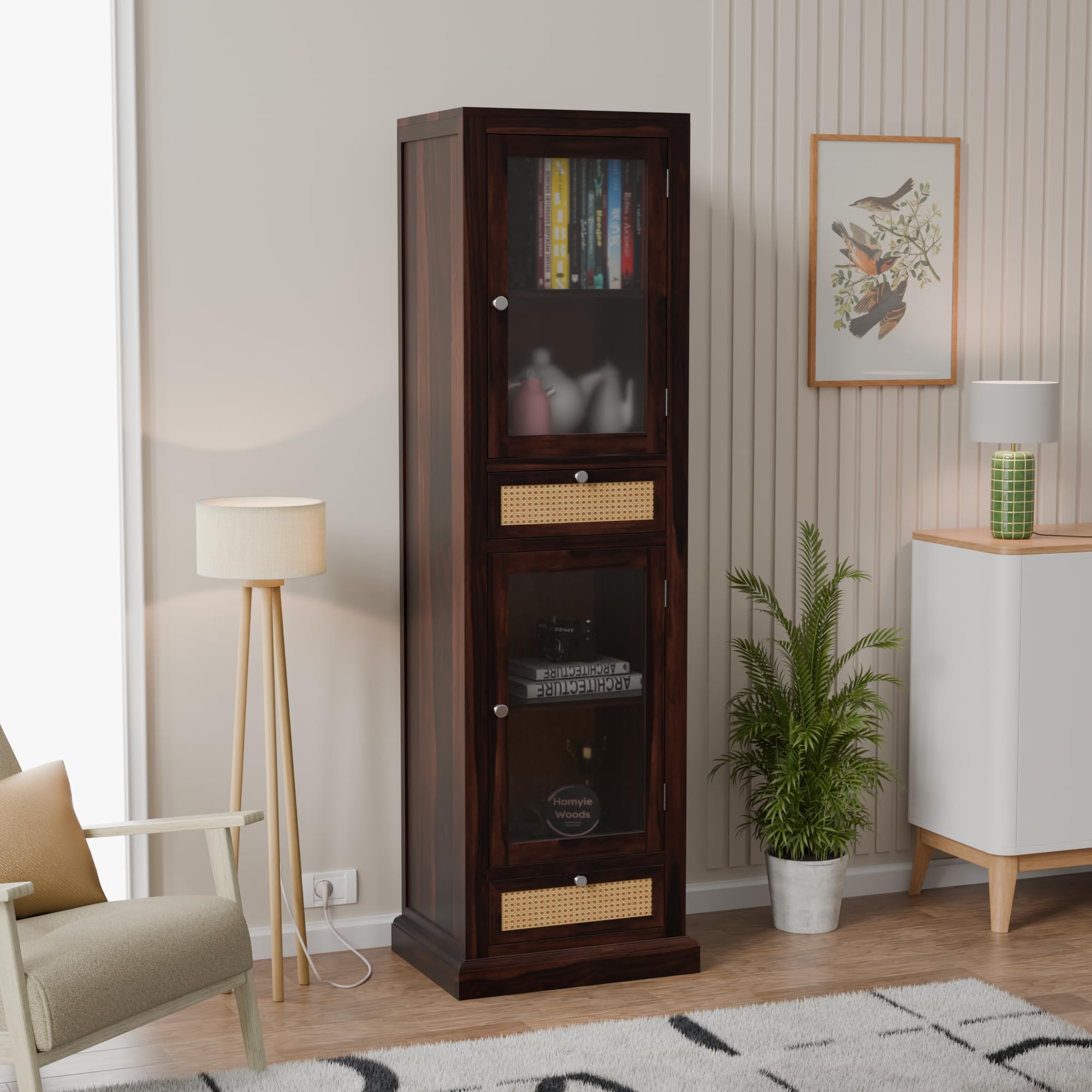 Glass Door Display Cabinet,Solid Wood, 2 Doors and 2 Drawers, for Kitchen, Books, Display Items, Walnut Finish (New Walnut)-image-26