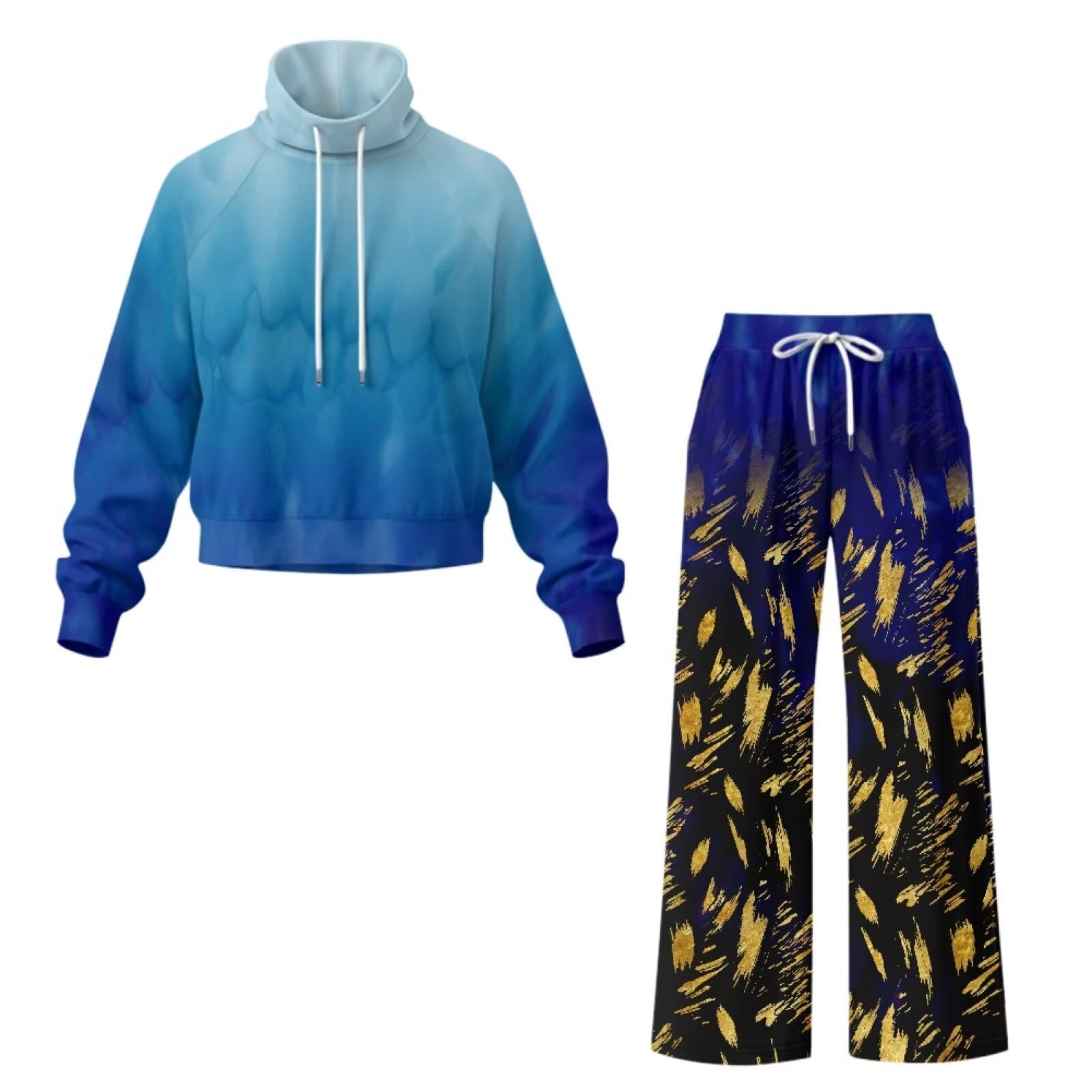 Xoenoiee Conjunto de 2 piezas con estampado de teñido anudado azul para mujer, conjunto de chándal de moda para otoño, sudadera de manga larga y pantalones deportivos de pierna ancha a juego, talla XS