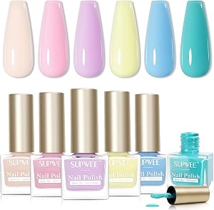 SUPWEE Quick Dry Pastel Nail Polish Set, Spring Summer Macaron Nail Polish Non Gel Air Fast Drying Fingernail Lacquer Natural Neutral Manicure DIY Salon Gift(Pink Yellow Purple Blue Green Colors)