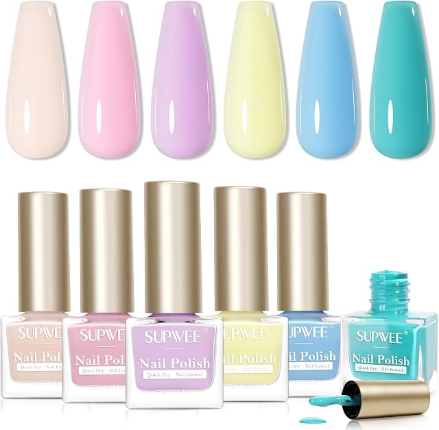 SUPWEE Quick Dry Pastel Nail Polish Set, Spring Summer Macaron Nail Polish Non Gel Air Fast Drying Fingernail Lacquer Natural Neutral Manicure DIY Salon Gift(Pink Yellow Purple Blue Green Colors)