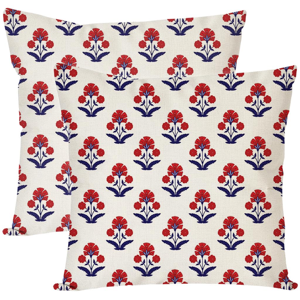 PANDICORN Block Print Throw Pillow Covers 18x18 Inch Set of 2 Red and Blue Vintage Boho Floral Outdoor Decorations Decorative Throw Pillows Cases