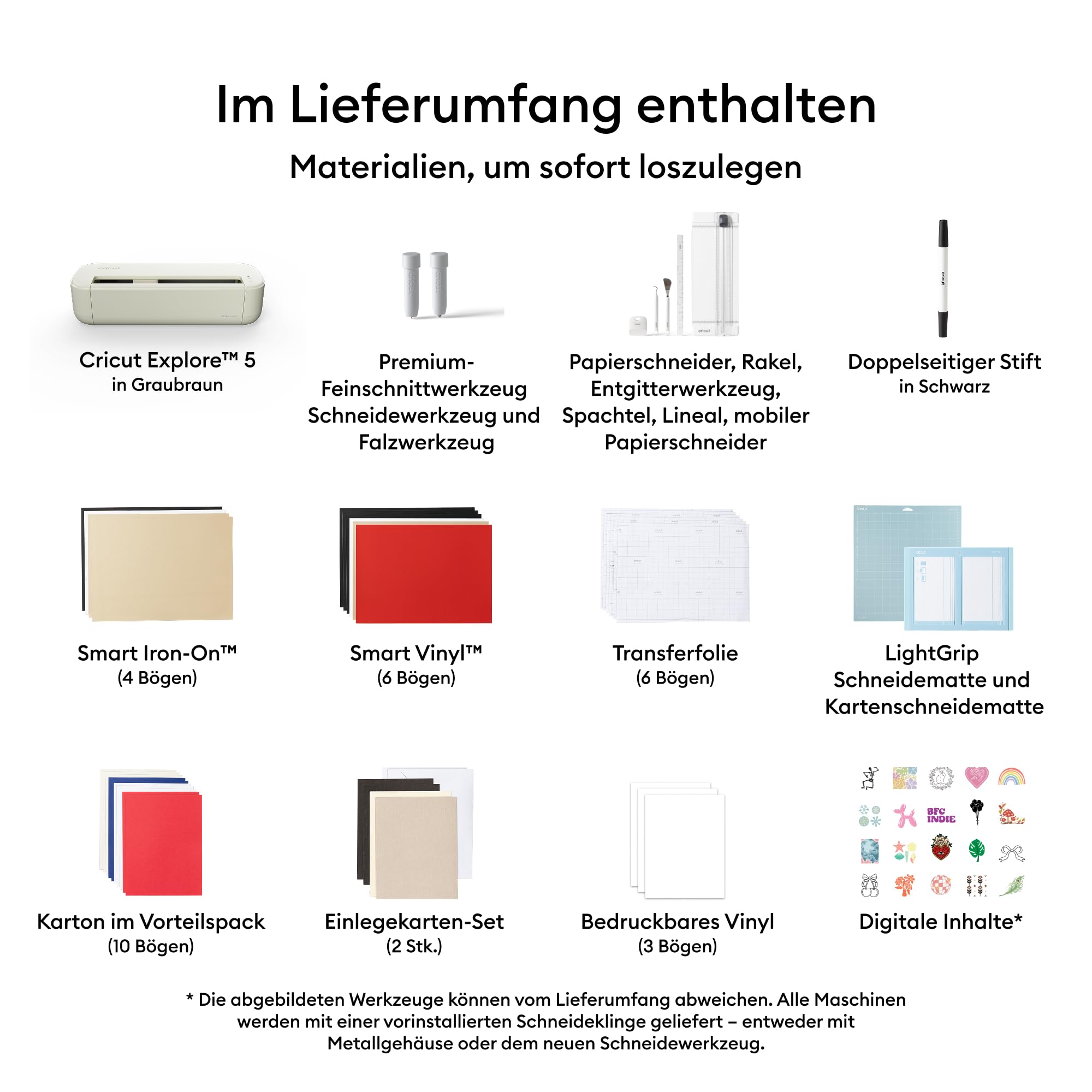 Cricut Explore® 5 Essential Bundle + Digitale Inhalte. Intelligente Schneidemaschine – perfekt für Projekte wie individuelle Vinyl-Aufkleber, T-Shirts, vollfarbige Sticker, Karten und mehr