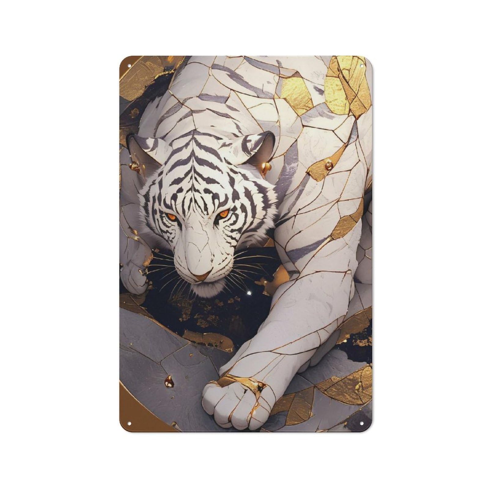 Junmoney Style-24 Country Style Kitchen Metal Sign 30X20cm Featuring White Tiger With Gold Accents, Diner Style Decor For Kitchen, Cafe, Pantry Or Dining Room