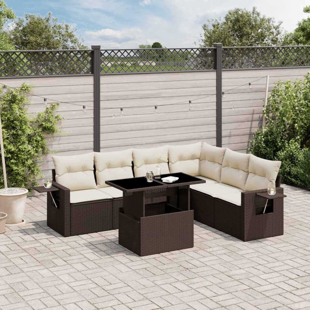 Set Divani da Giardino 7 pz con Cuscini Marrone in Polyrattan Impilabile Resistente per Relax Pranzo Conversazione su Terrazza, Balcone, Patio e Veranda