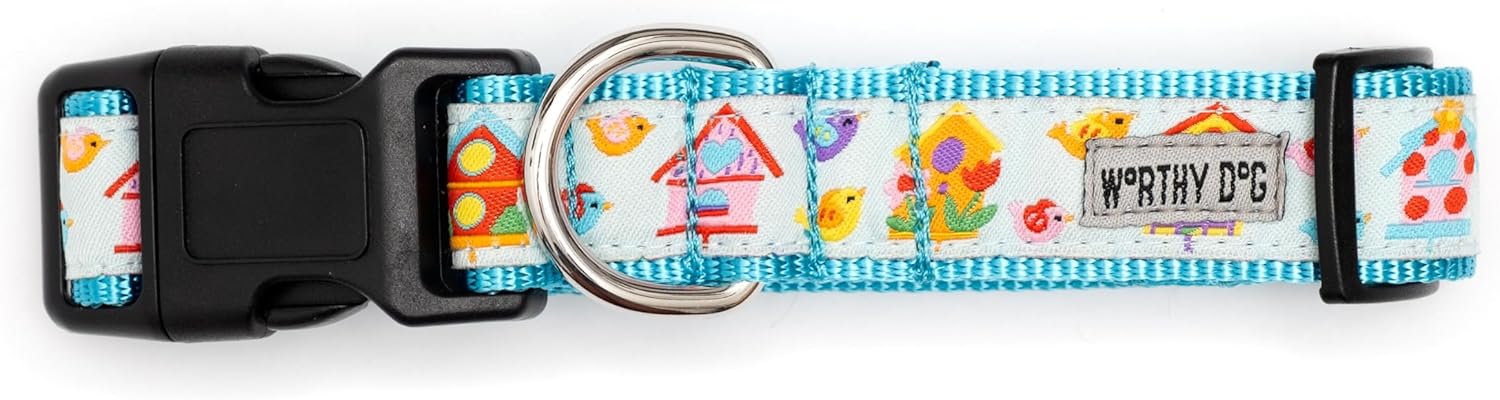 THE WORTHY DOG Collar for Small Dogs, Adjusts 6-12 inches, Durable Nylon Webbing, Quick Release Buckle, Birdhouses Pattern, Lite Blue, X-Small