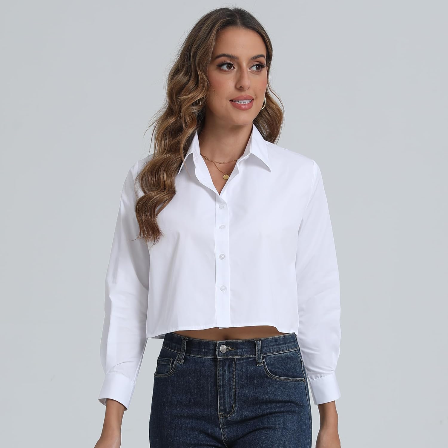 SUNNOW Women's Non Iron Boxy Cropped Button Down Shirt Tailored Long Sleeve Top Wrinkle Free Basic Casual Blouses - Image 2