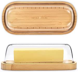 Butter Dish with Lid, Bamboo Butter Holder, Butter Container Holds for East/West Coast Butter, Dishwasher Safe