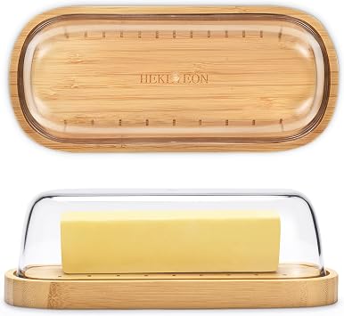 HEKEIEON Butter Dish with Lid, Bamboo Butter Holder, Butter Container Holds for East/West Coast Butter, Dishwasher Safe