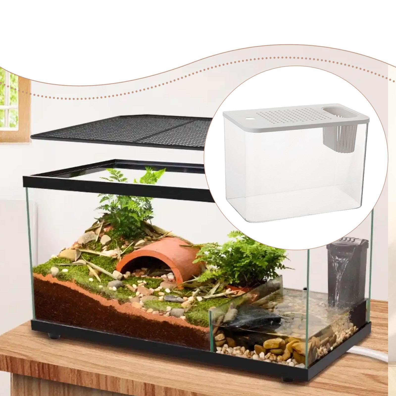 Reptilien Terrarium, Zubehör für Kleine Aquarien, Transparenter Lebensraum, Futterbox für Frösche, Schildkröten, Kampffische, Krebse, Weißer Deckel