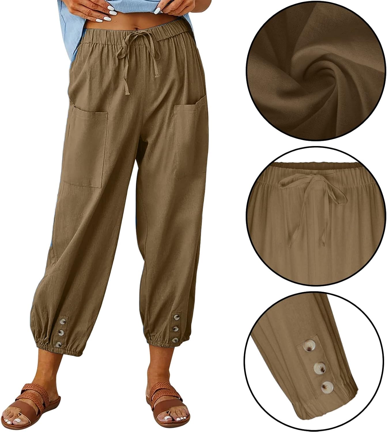 WROLEM Womens High Waist Pants Drawstring Wide Leg Cropped Casual Loose Capris with Pockets for Women - Image 2