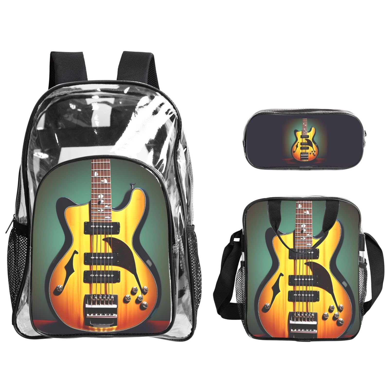 Gitara basowa muzyka instrumenty muzyczne nadruk kobiety mężczyźni dzieci przezroczysty plecak zestaw szkoła podróż przezroczysty 3-częściowy pojemnik na lunch