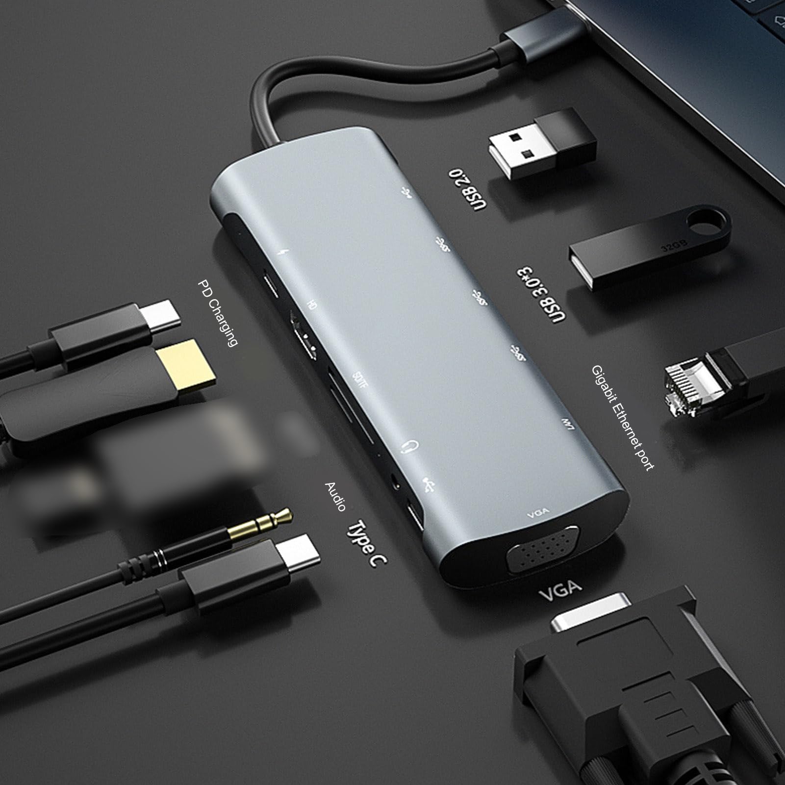 Luocute USB C Hub, Adaptador USB C 12 en 1 Dongle Hub Estación de Acoplamiento Tipo C a PD HD VGA USB3.0 * 3 USB2.0 Auriculares Lector de Tarjetas RJ45, Hubs USB