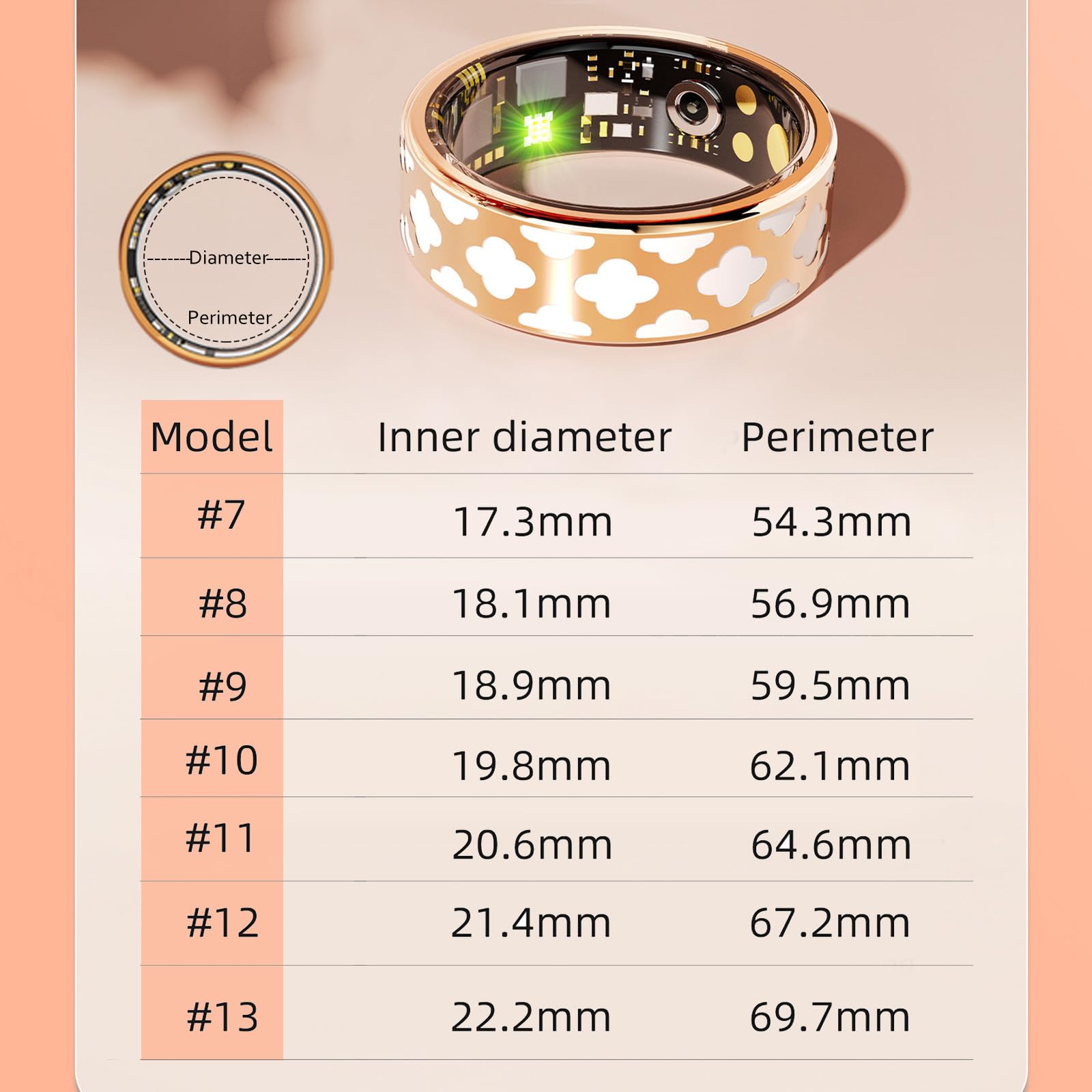 findtime Bague intelligente dorée pour femme et homme - Pour Android et iOS - Moniteur de sommeil - Moniteur de fréquence cardiaque - Podomètre - Suivi d'activité - Or rose