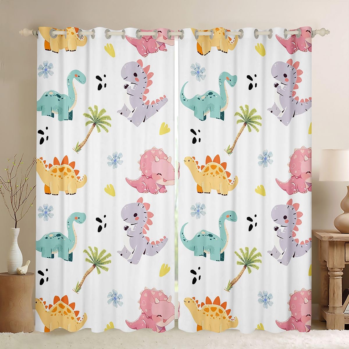 Homewish Zasłony okienne z motywem dinozaura z motywem kreskówkowym, 168 x 229 cm, 2 panele - kawaii, dinozaury, zwierzęta, zasłony zaciemniające, dżungla, zwierzę, zasłony okienne, nadruk palmy