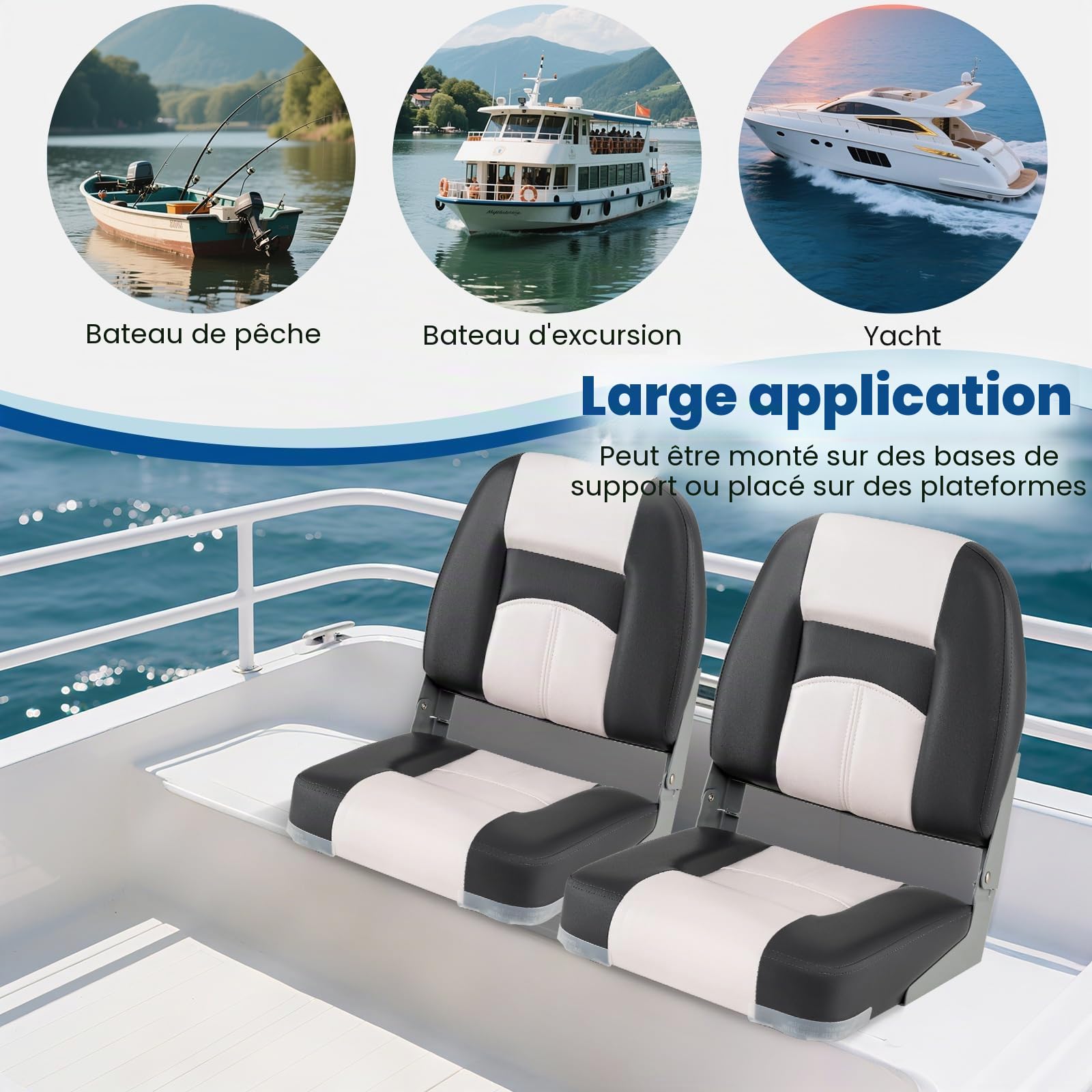 HOMASIS Lot de 2 sièges pliants pour bateaux, chaises rembourrées pour bateaux avec assise épaisse 7 cm, fauteuil de conduite étanche avec dossier, portée de 150 kg, 42 x 49 x 51 cm, gris