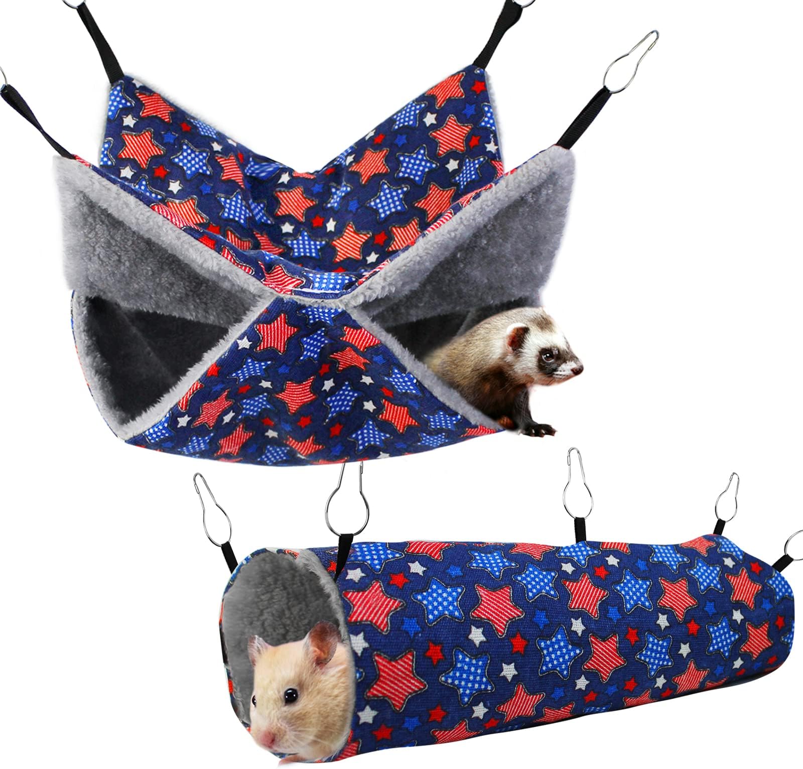 petonfun Ferret Rat Hammock Set Guinea Pig Hideout Bed,Soft Hamster Toys Hanging Tunnels and Tubes,Plush Small Animal Pet Chinchilla for Cage Accessories Hide,Play and Sleep,2 Pack,Blue Star