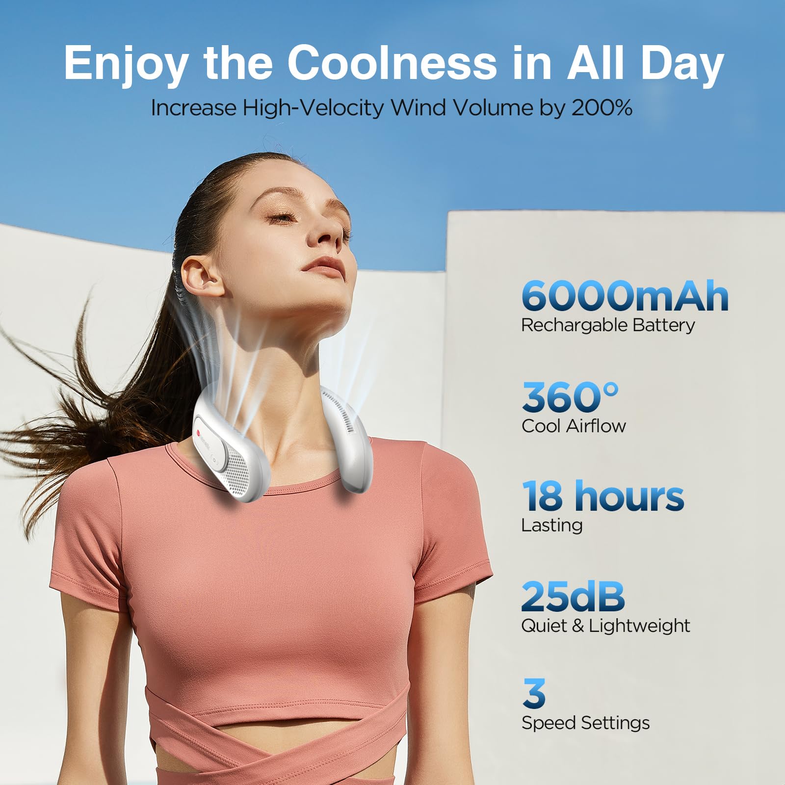 Dnenellr Ventilatore da Collo, Ventilatore Portatile Personale Indossabile a Batteria da 6000mAh, Terza Marcia, Senza Foglie, Ricaricabile, Design a Mani Libere, Ventilatore Senza Lama Alimentata