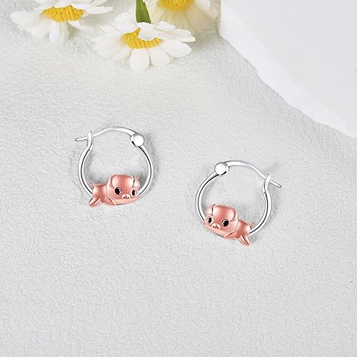 Miniatura 4 de Aretes de aro de plata de ley 925 de pato, vaca, cerdo, perro, bulldog francés, hongos, nutrias, mantarrayas, hipoalergénicos, lindos animales,