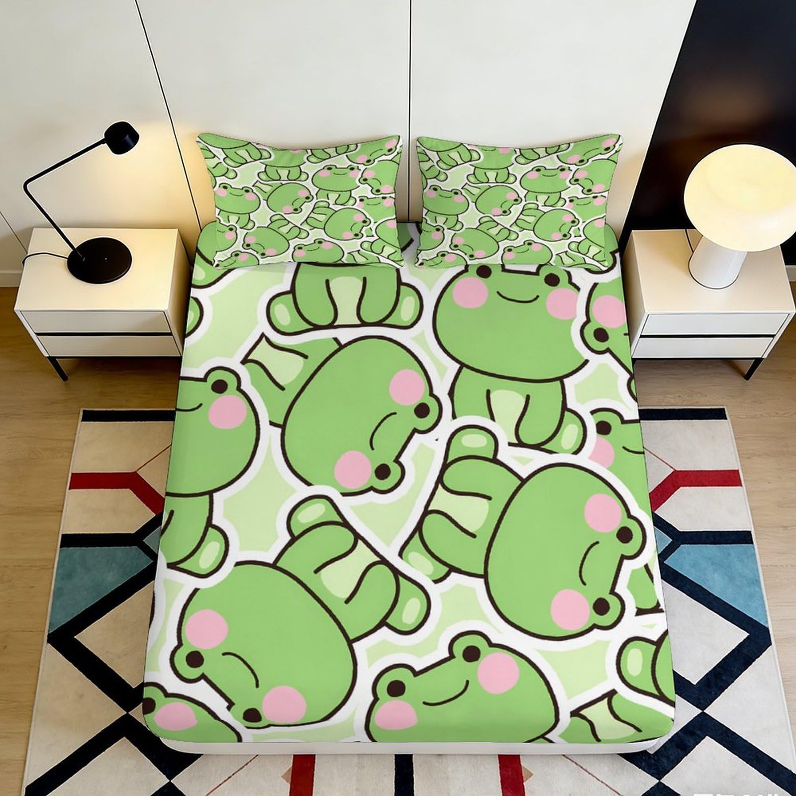 3D Printed Cartoon Frog Fitted Sheet Microfiber Green Cute Animal Mattress Cover for Bedroom Dorm Decor 90x200x25cm
