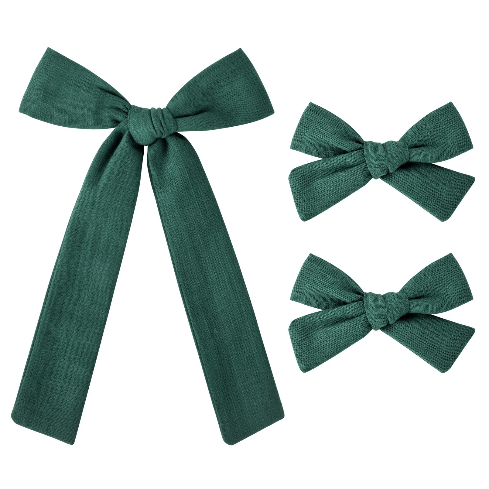 DEEKA Dark Green Cotton Linen Hair Bows 2 Sizes 5"&3.5" Soft Hair Bow set for Toddler Girls Long Ponytail Knot Bows Alligator Clip Hair Accessories
