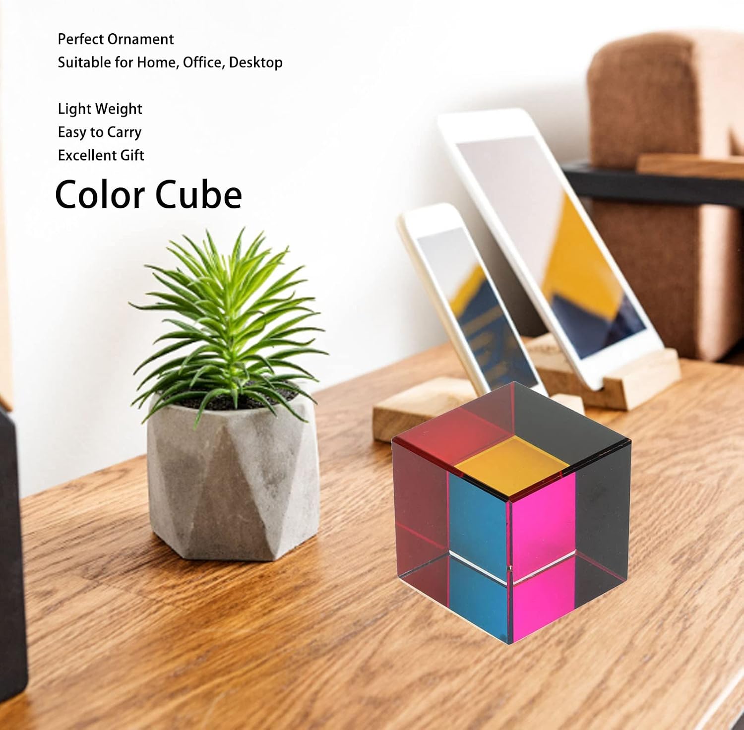 Diyeeni Color Cube, 6 Sides Color Mixing Optical Cube Prism, Light Refraction Glass with Kaleidoscope Effects for Tabletop Decor (Glass)