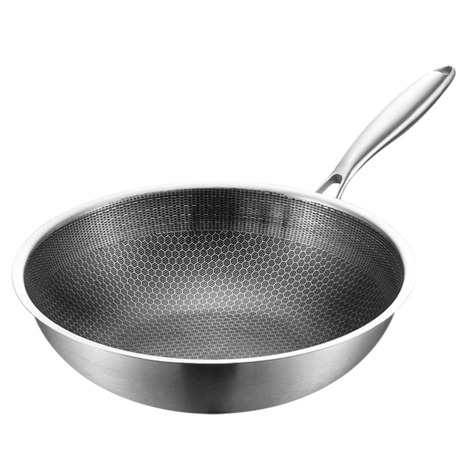 Padella Wok in Acciaio Inox 32 Cm Antigraffio Antiaderente Manico Ergonomico per Fornelli a Gas ed Elettrici, Pentola da Cucina Versatile per Friggere Verdure, Carne e Frutti