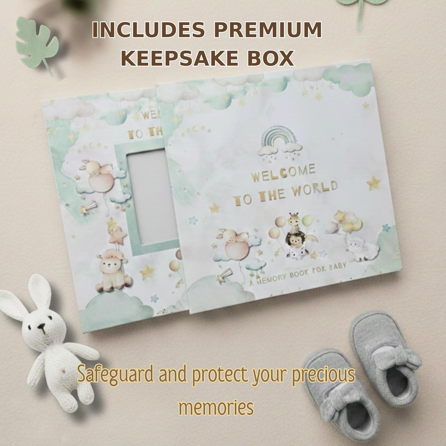 Baby Memory Book and Baby Keepsake Box - First Year Photo Album for Baby Boy or Girl - Fits 4x6 Photos - Includes 12 Baby Milestone Stickers - Gender Neutral Scrapbook Journal
