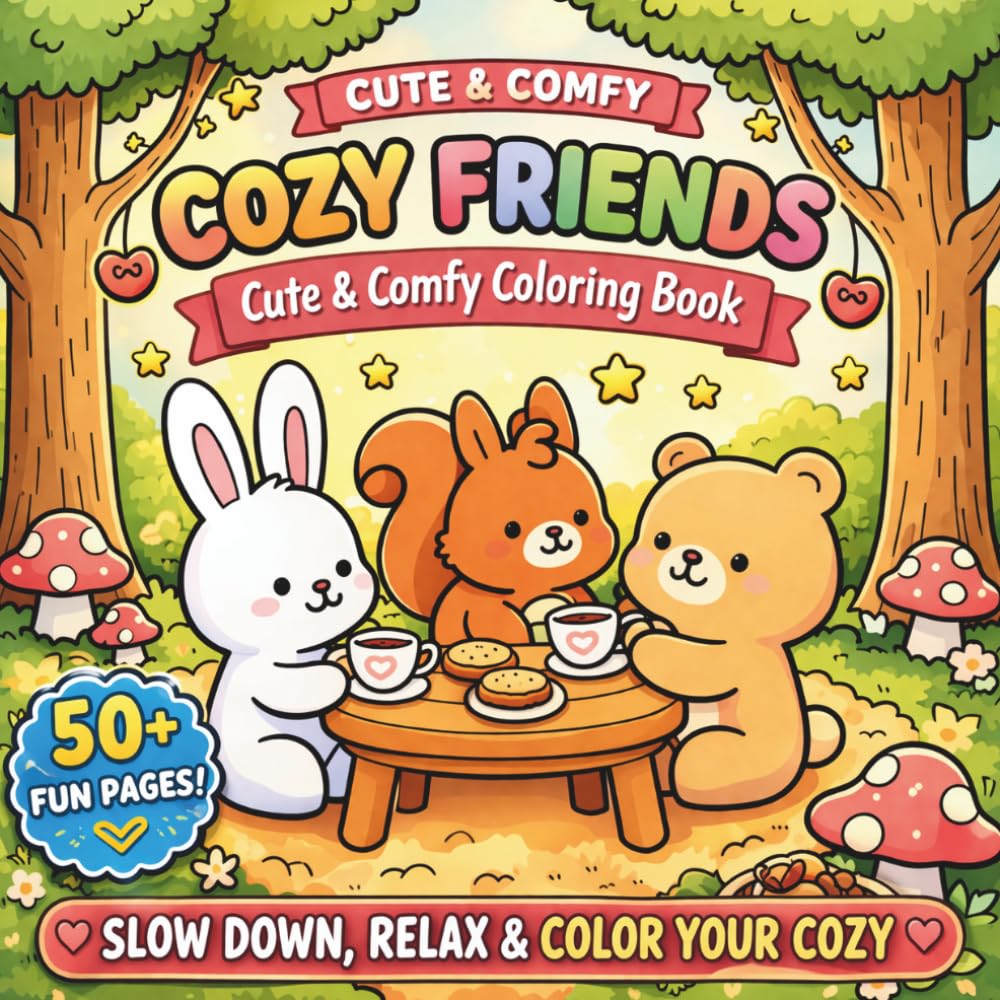 Cozy Friends Cute & Comfy Coloring Book: Adorable Stress Relief Coloring Pages Featuring Cozy Animals, Cute Moments & Relaxing Comfort Scenes